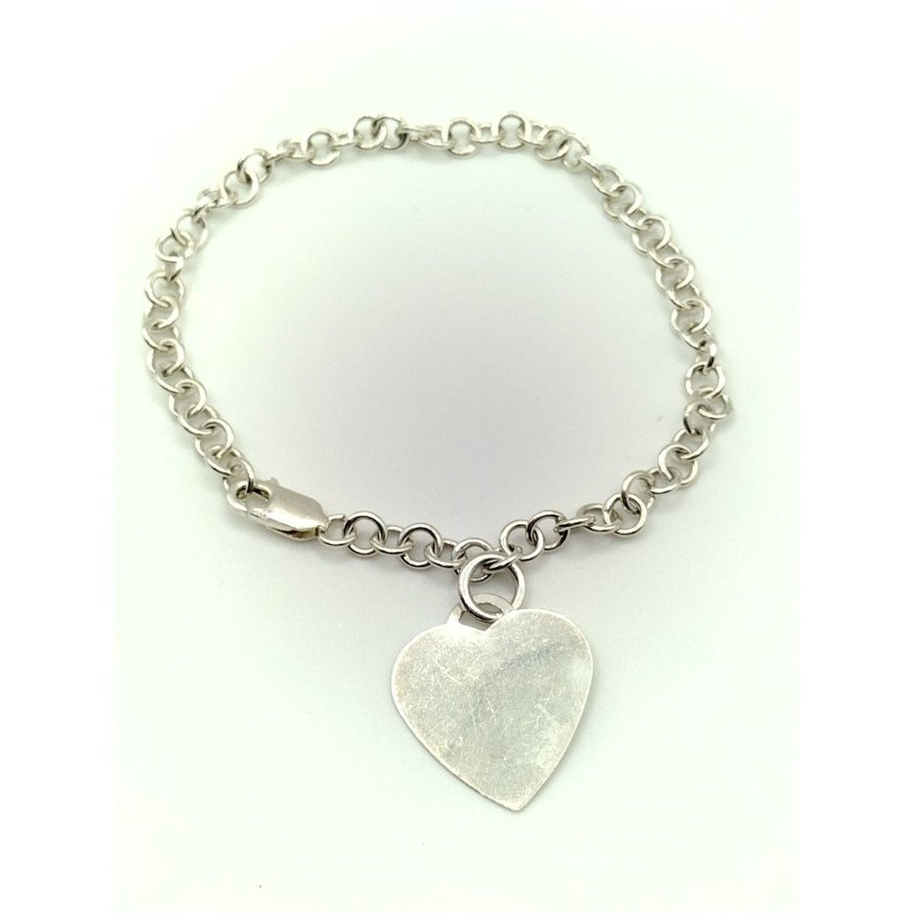 Sterling Silver Heart Tag Charm Link Bracelet 7.5"